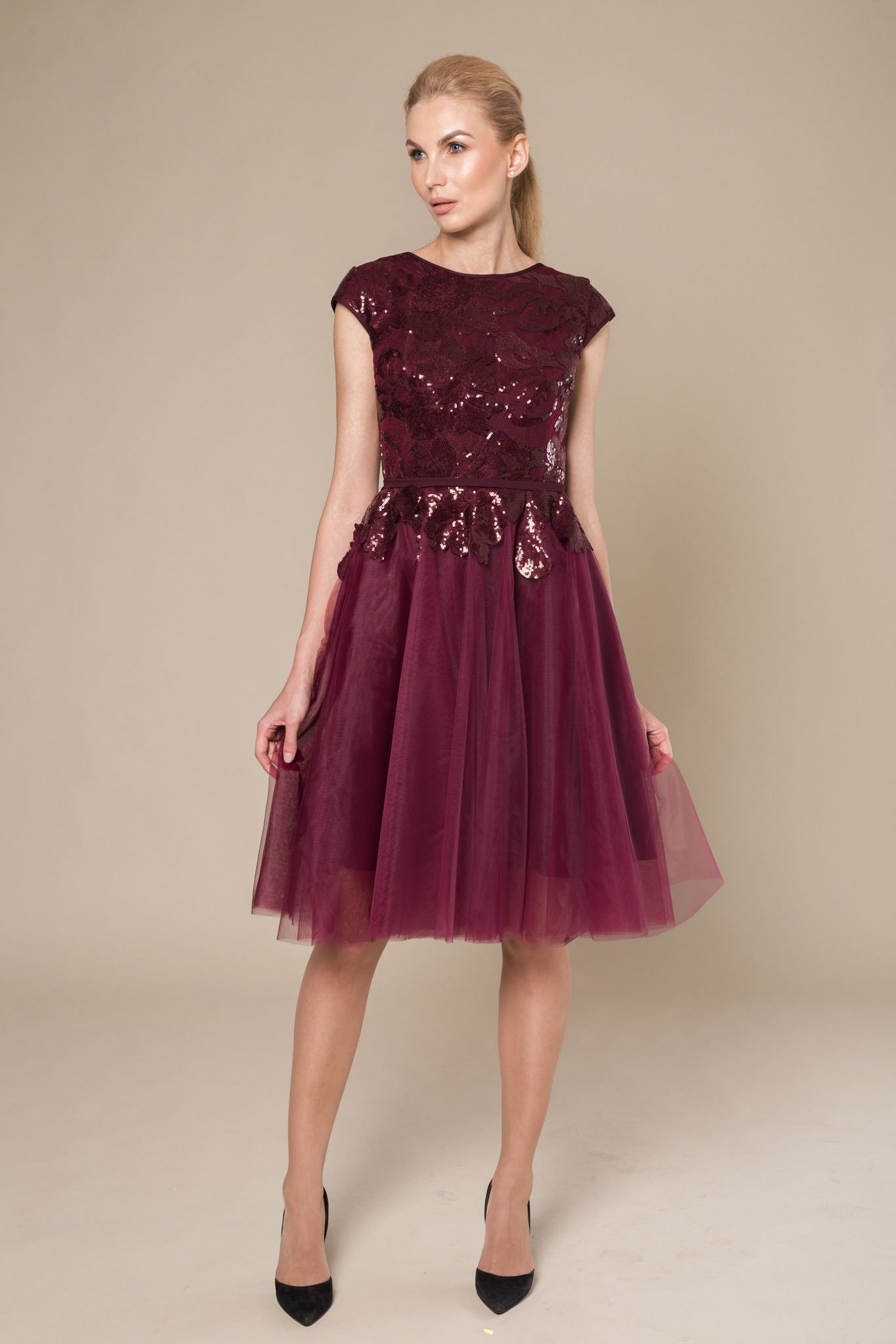 Burgundy sequin and handmade tulle midi dress - Le Parole