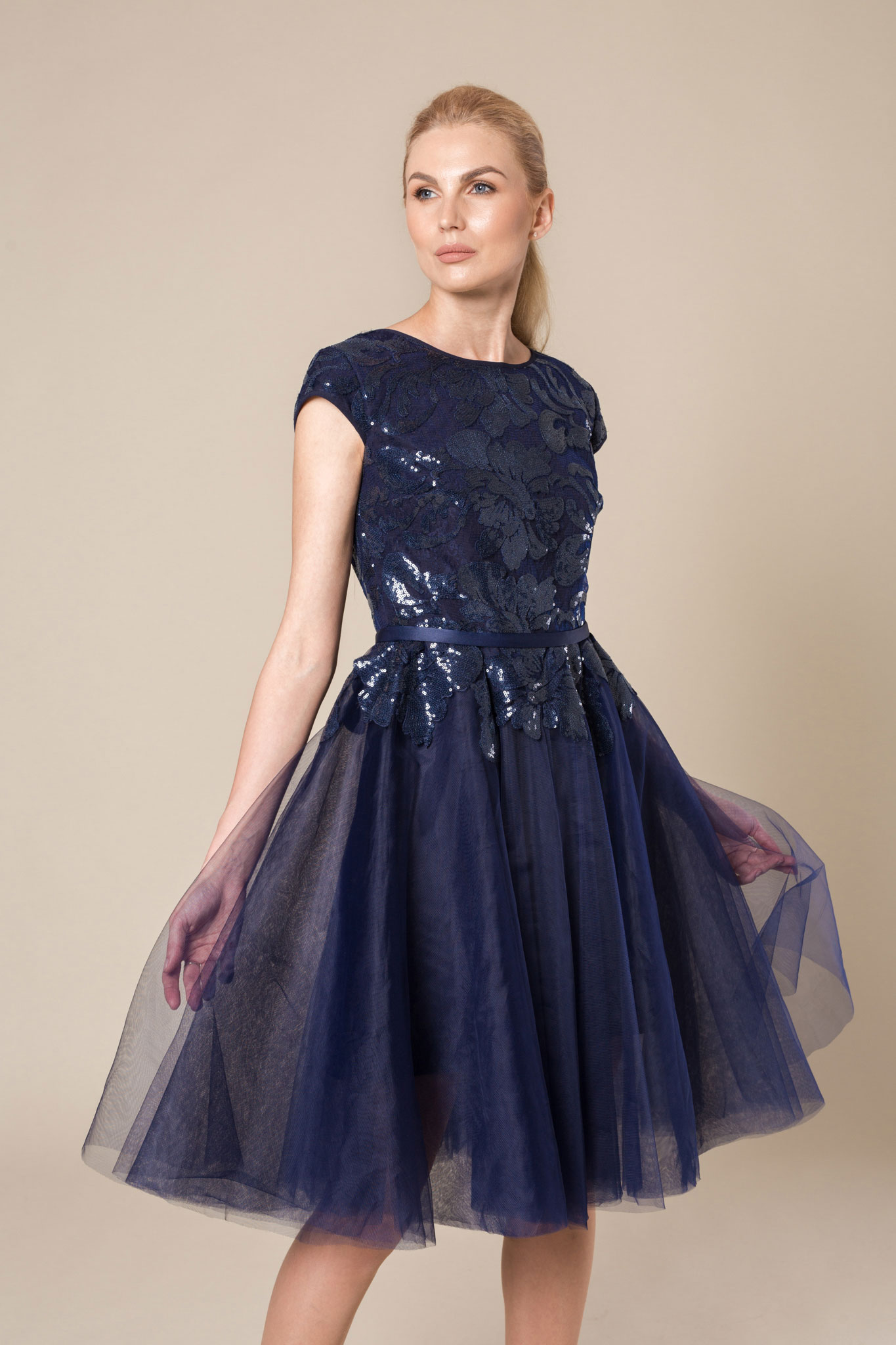 Navy blue cap sleeved sequin and mesh dress - Le Parole