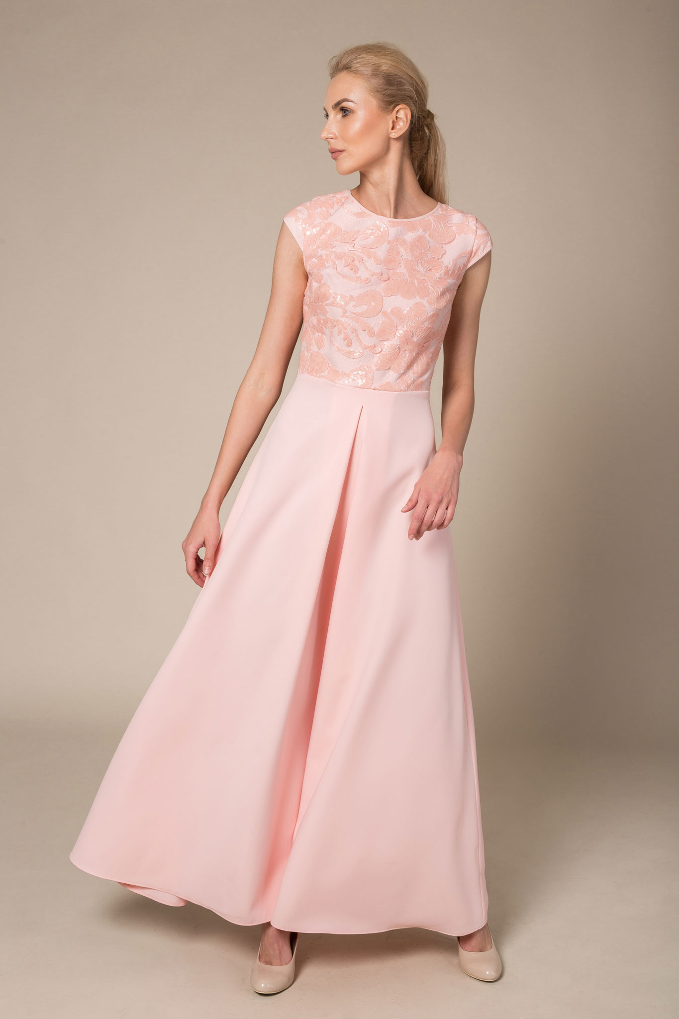 blush pink sequin lace maxi dress