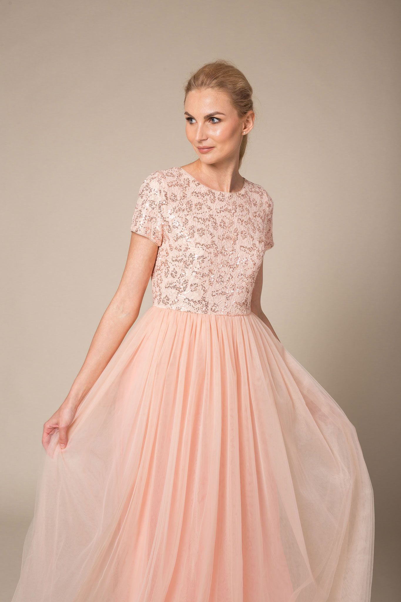 Peach evening maxi dress with sequin ...