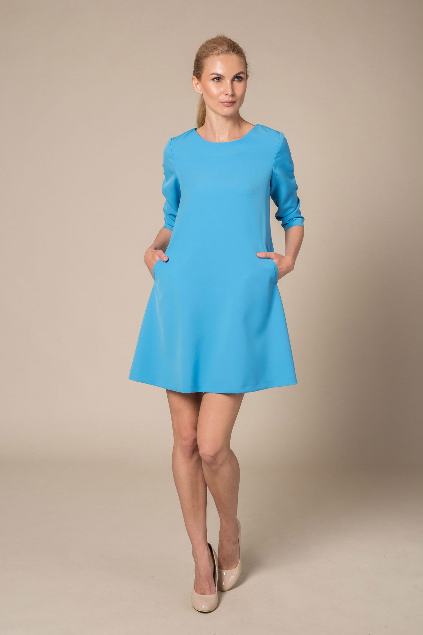 Blue casual scoop neck dress with pockets - Le Parole
