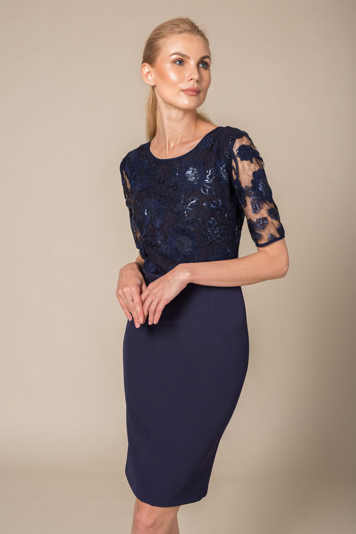 Navy bodycon dress with sequin lace top and 3 quarter sleeves - Le Parole