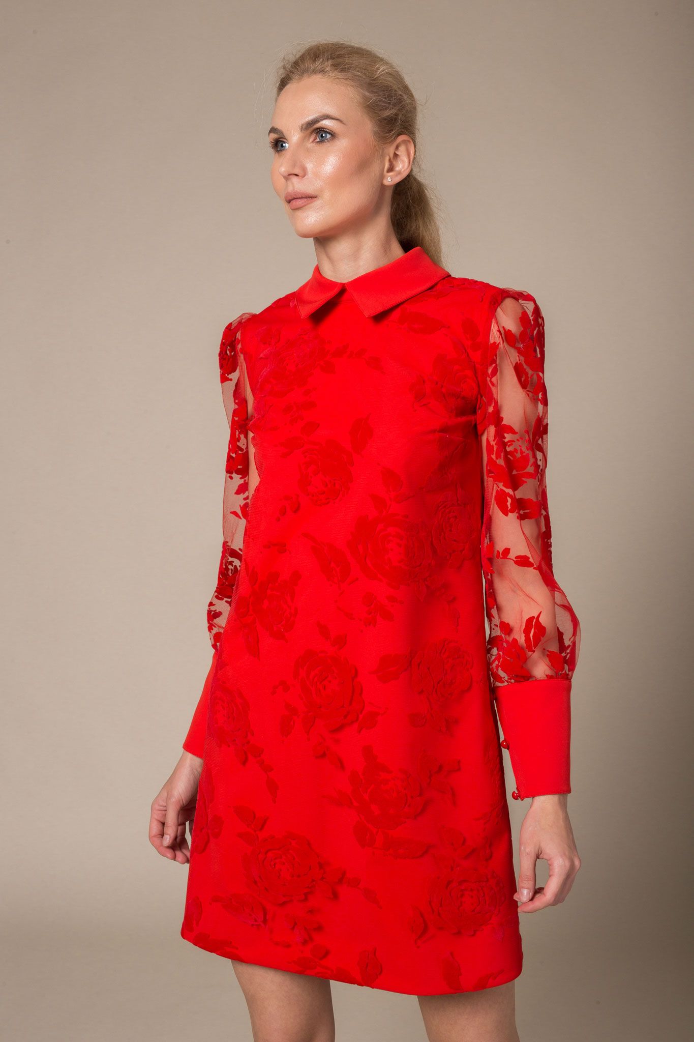 Floral Lace Midi Dress, With Collar and Sleeves, Red - Le Parole