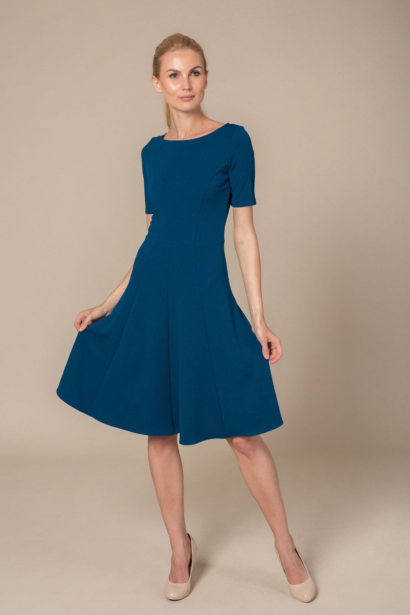 Blue A line half sleeves scoop neck midi dress - Le Parole