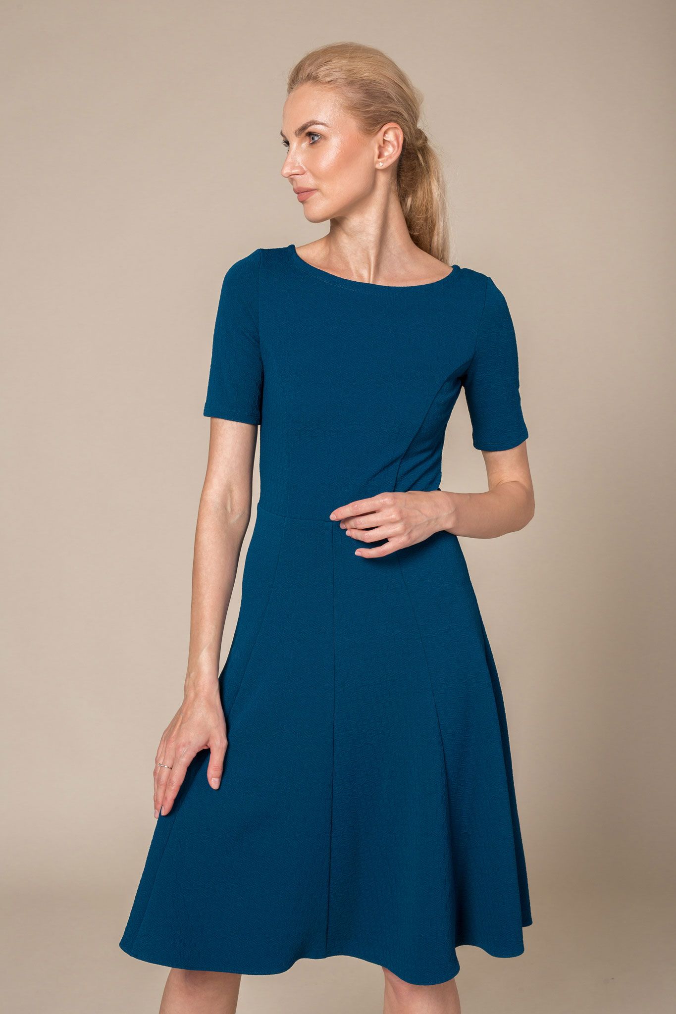 Blue A line half sleeves scoop neck midi dress - Le Parole
