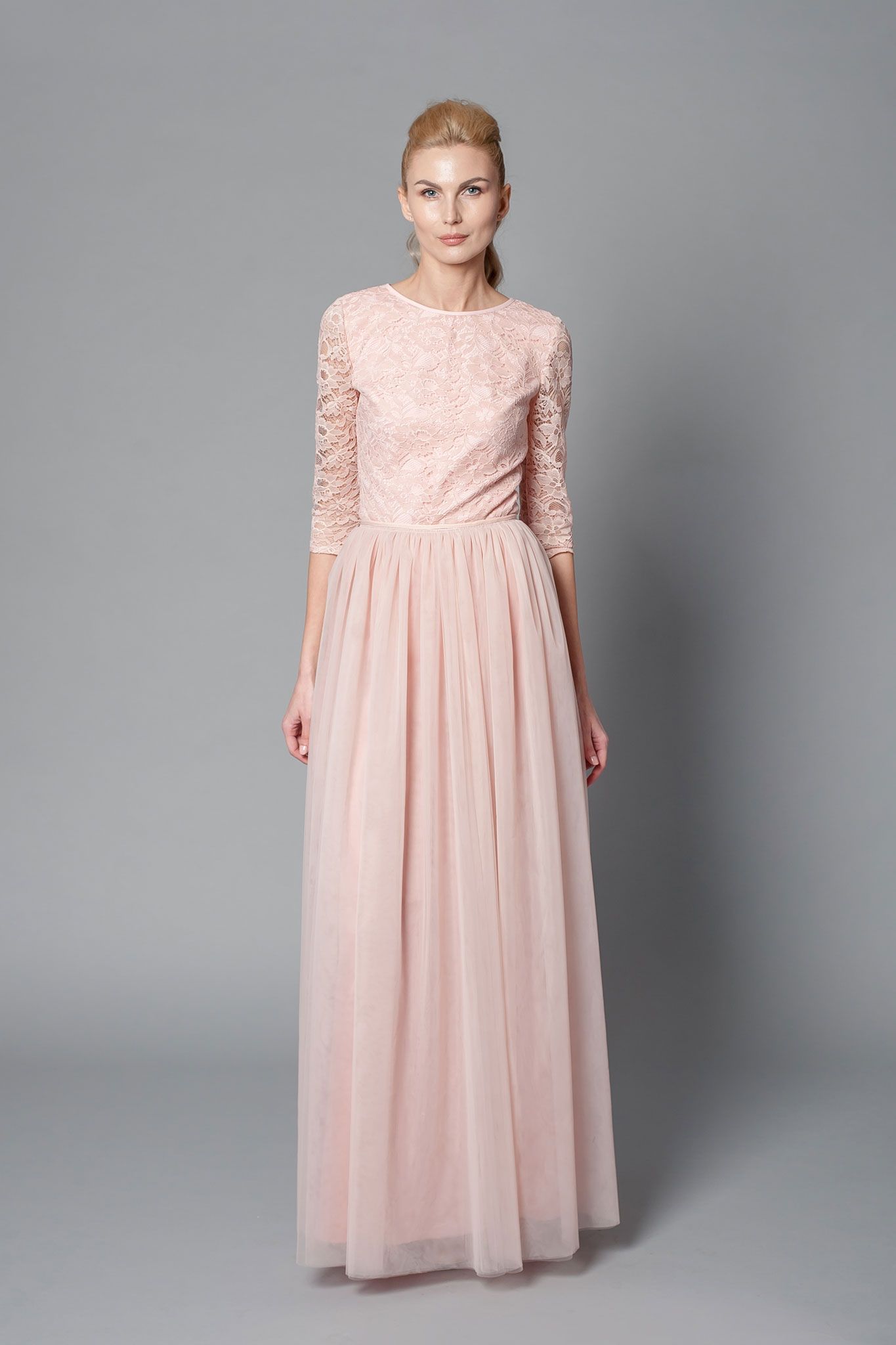 blush pink gown with sleeves