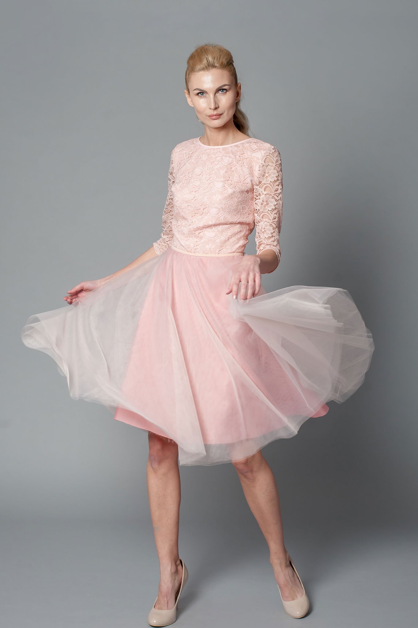 Blush Pink Midi Short Lace Overlay Dress With 3/4 Length