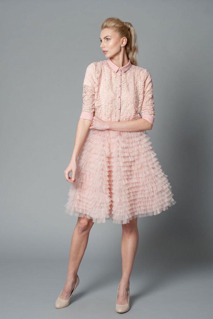 Blush Pink Shirt Midi Dress With Chiffon Collar, Cuffs And Layered ...