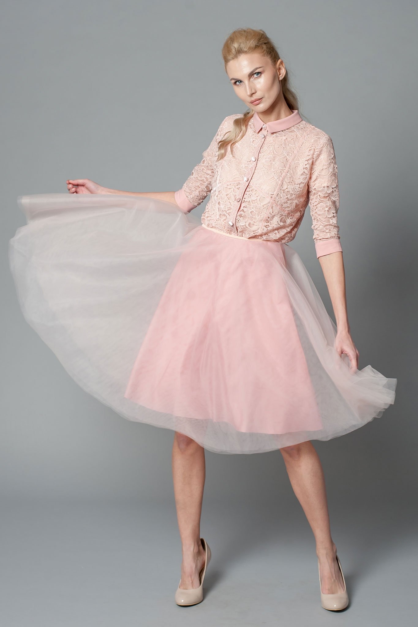 Blush Pink Shirt Midi Dress With Chiffon Collar, Cuffs And Tulle Skirt ...